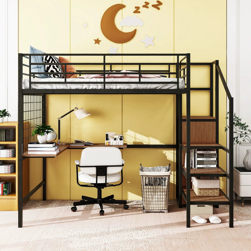 Loft Bed With Desk And Grid, Stylish Frame With Lateral Storage Ladder And Wardrobe by Unique Piece Furniture