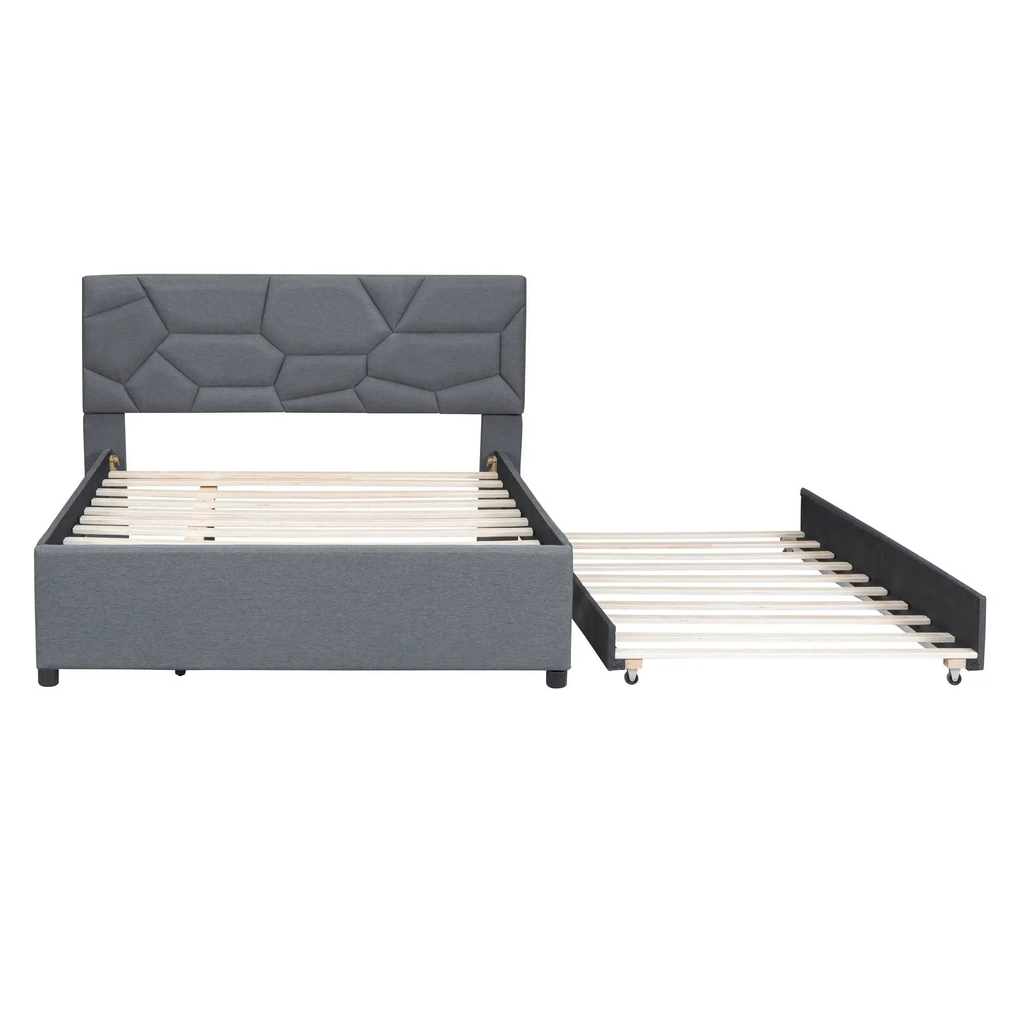 Upholstered Platform Bed With Brick Pattern Headboard And Twin Long Size Trundle by HouseOfZazla