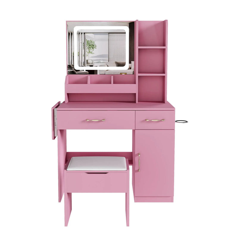 Vanity Desk With LED Mirror Lights And Power Outlet Charging Station, 3 Drawers, 7 Shelves, Storage Stool - Pink by HouseOfZazla