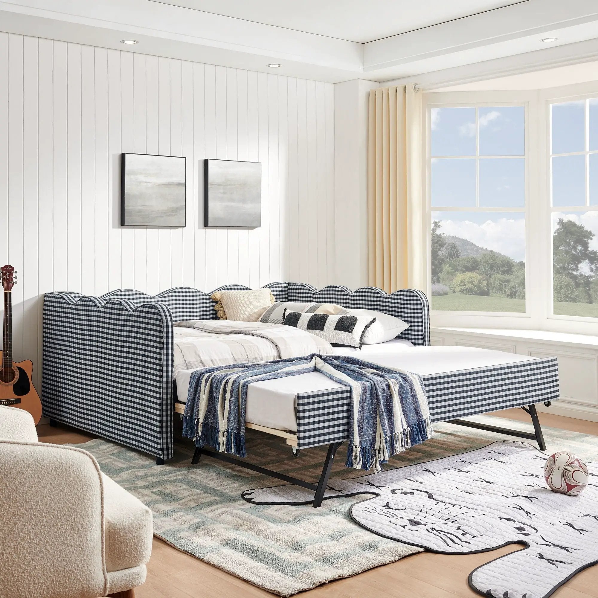 Gingham Daybed With USB Charging Port, Wave-Shaped Design by Unique Piece Furniture