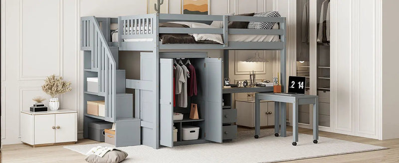 Loft Bed With Stairs, Bookshelf, Drawers, Desk & Wardrobe, Space Saving Multifunctional Furniture by HouseOfZazla