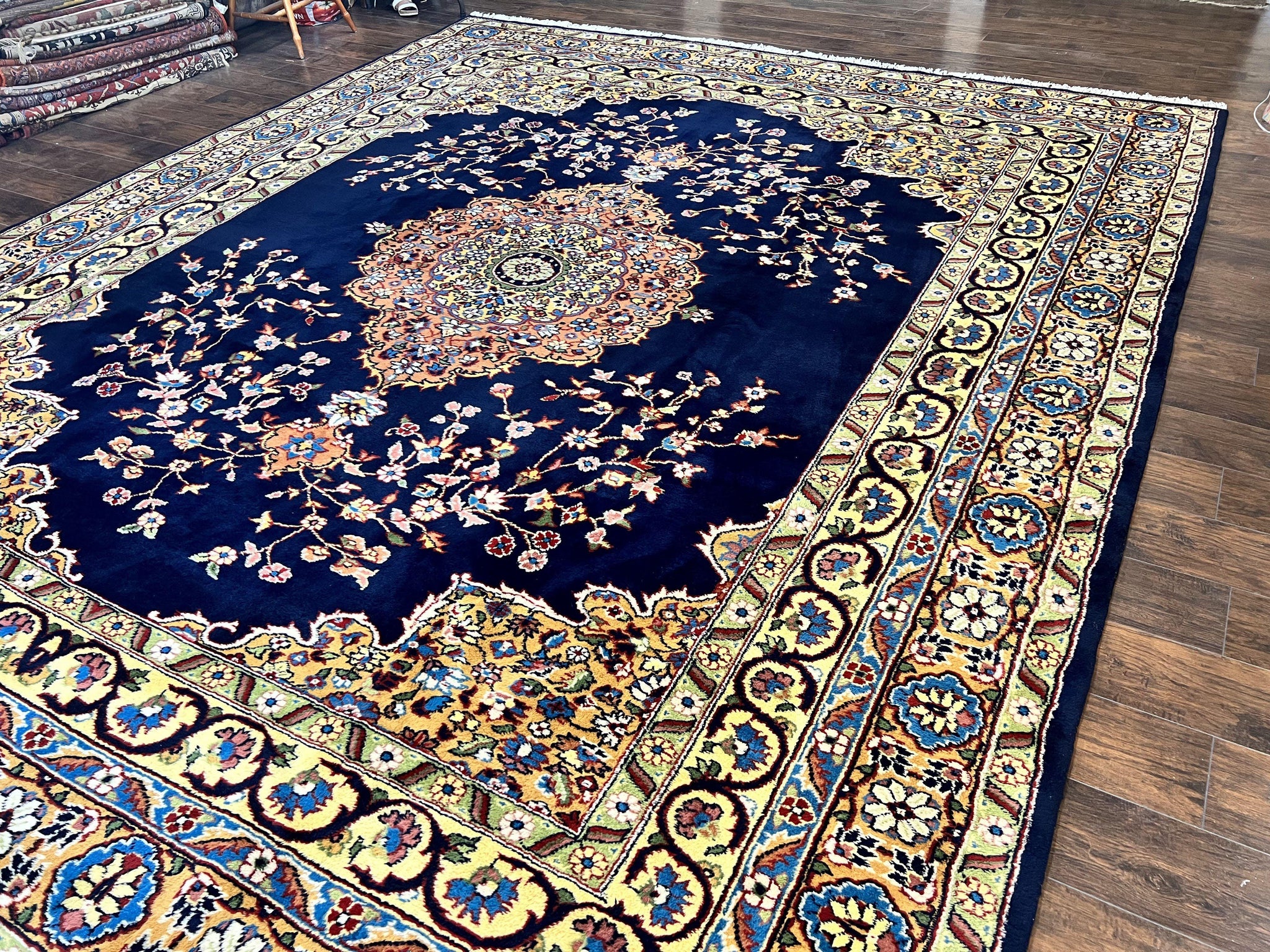 Indo Persian Rug 12x15, Mahal Sarouk Rug 12 x 15, Wool Hand Knotted Vintage Carpet, Navy Blue, Oversized Rug, Center Medallion by Jewel Rugs