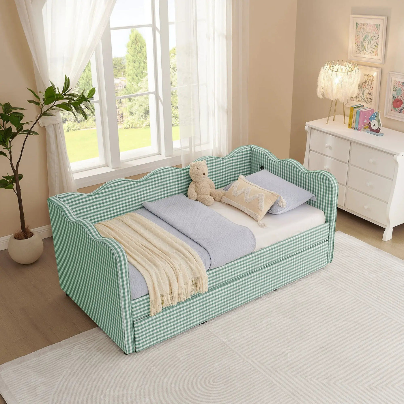 Gingham Daybed With USB Charging Port, Wave Shaped Design by Unique Piece Furniture