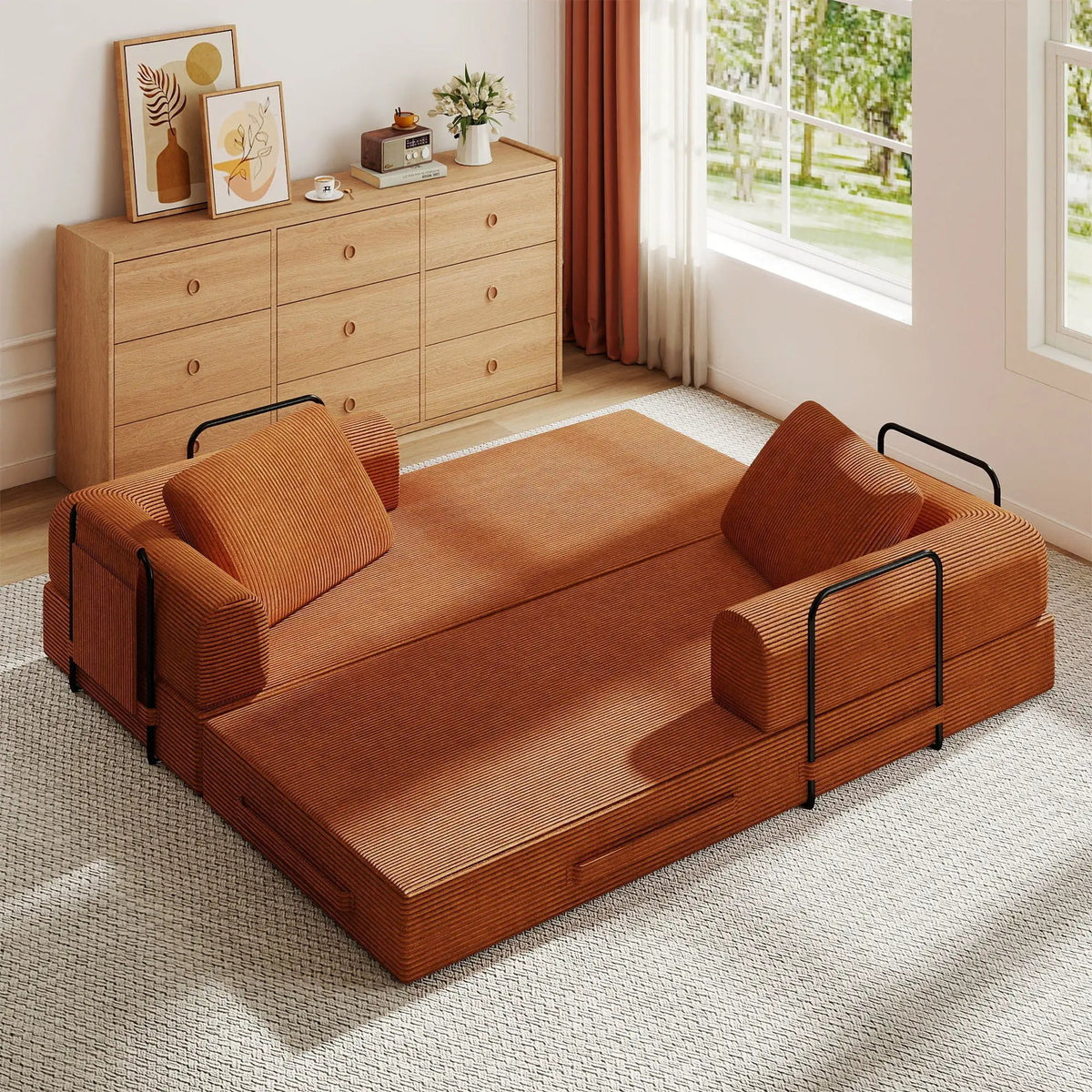 Convertible Sleeper Sofa Bed With Cylindrical Pillow, Fixed Shape Frame by Unique Piece Furniture