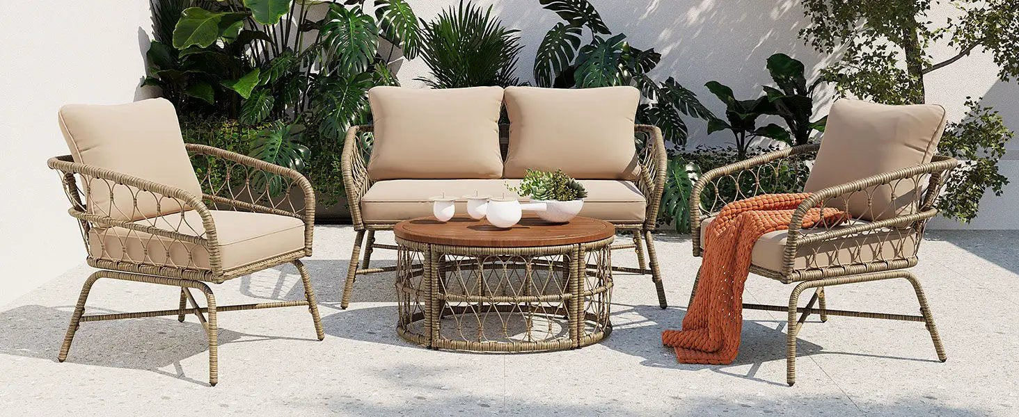 Bohemia-Inspired 4 Person Outdoor Seating Group With Removable Cushions, Conversation Patio Set With Wood Tabletop - Beige by Unique Piece Furniture