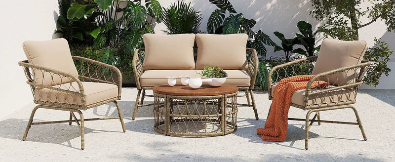 Bohemia-Inspired 4 Person Outdoor Seating Group With Removable Cushions, Conversation Patio Set With Wood Tabletop - Beige by Unique Piece Furniture