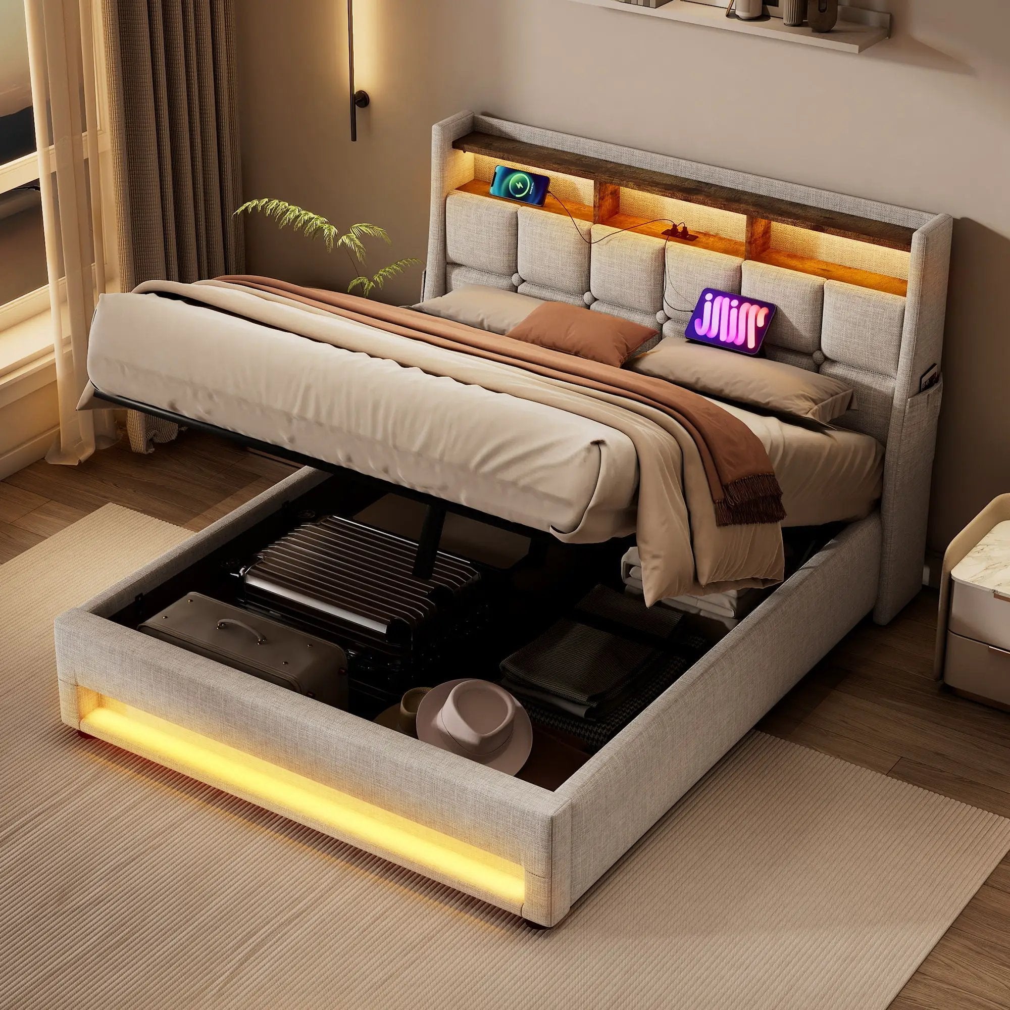 Platform Bed With Hydraulic Storage, LED Lighting & Charging Station by HouseOfZazla