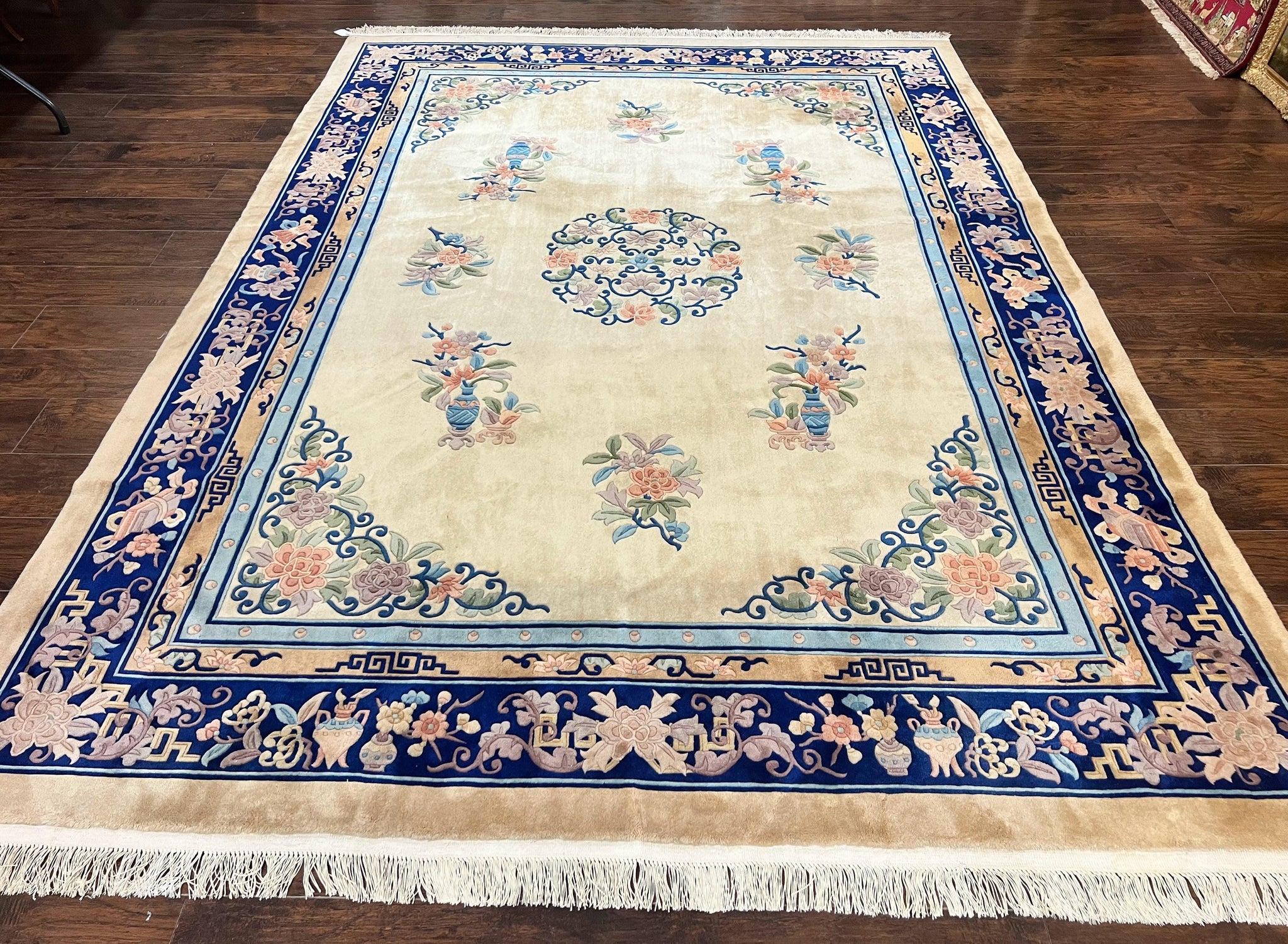 Chinese Wool Rug 8x11, Peking Asian Oriental Carpet, Cream/Ivory and Blue, Vintage Handmade Rug, Art Deco Rug by Jewel Rugs