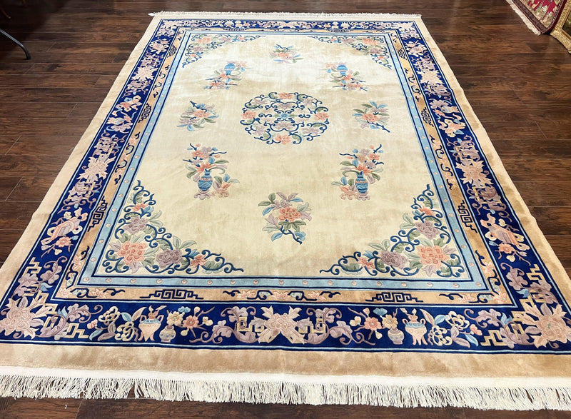 Chinese Wool Rug 8x11, Peking Asian Oriental Carpet, Cream/Ivory and Blue, Vintage Handmade Rug, Art Deco Rug by Jewel Rugs
