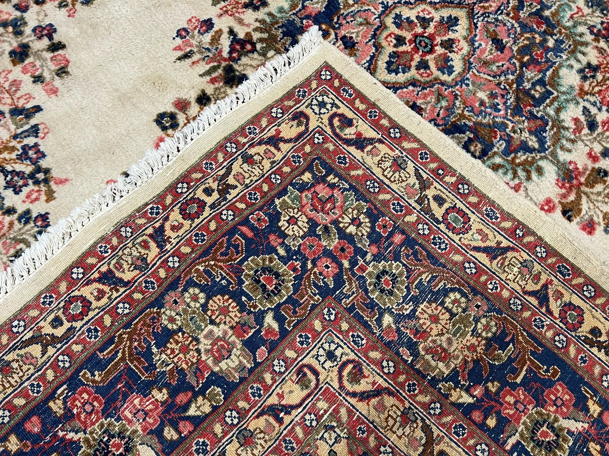 Persian Rug 9x10, Hamadan Rug, Antique Oriental Carpet, Wool Rug, Semi Open Field, Cream and Navy Blue, Kirman Design Hand Knotted Almost Square Rug by Jewel Rugs