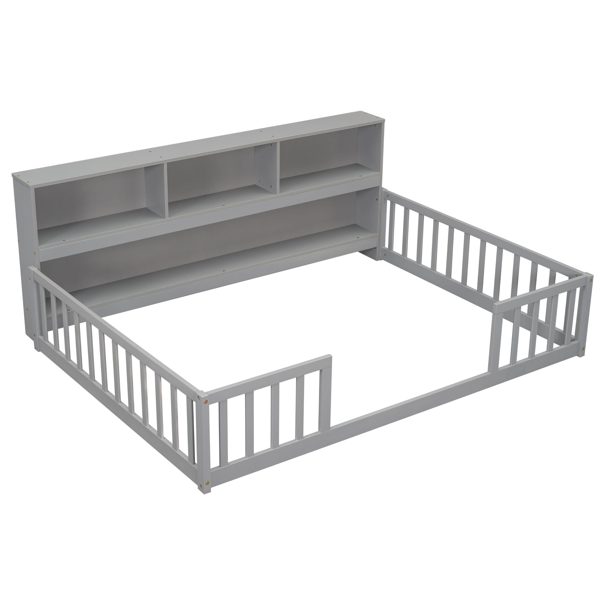Floor Bed With Side Bookcase, Shelves, Guardrails by HouseOfZazla