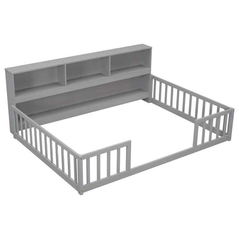 Floor Bed With Side Bookcase, Shelves, Guardrails by HouseOfZazla