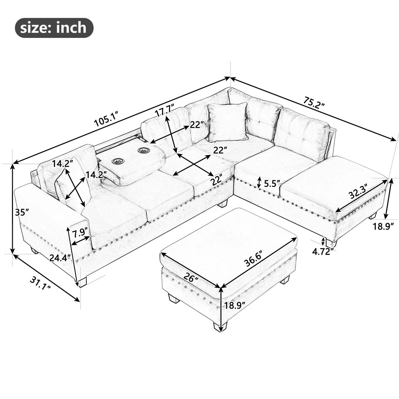 Modern Sectional Sofa With Storage Ottoman, L - Shape Couch With 2 Pillows And Cup Holders by HouseOfZazla