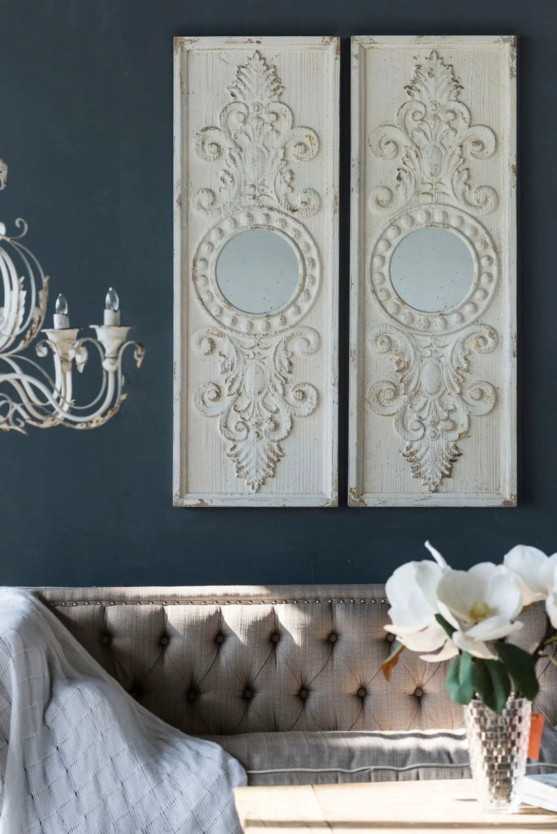 Large Wooden Wall Art Panels With Distressed Round Mirror Accents (Set of 2) - White by Unique Piece Furniture