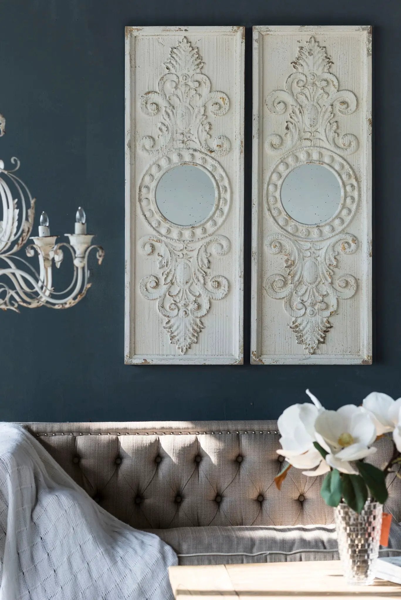 Large Wooden Wall Art Panels With Distressed Round Mirror Accents (Set of 2) - White by HouseOfZazla