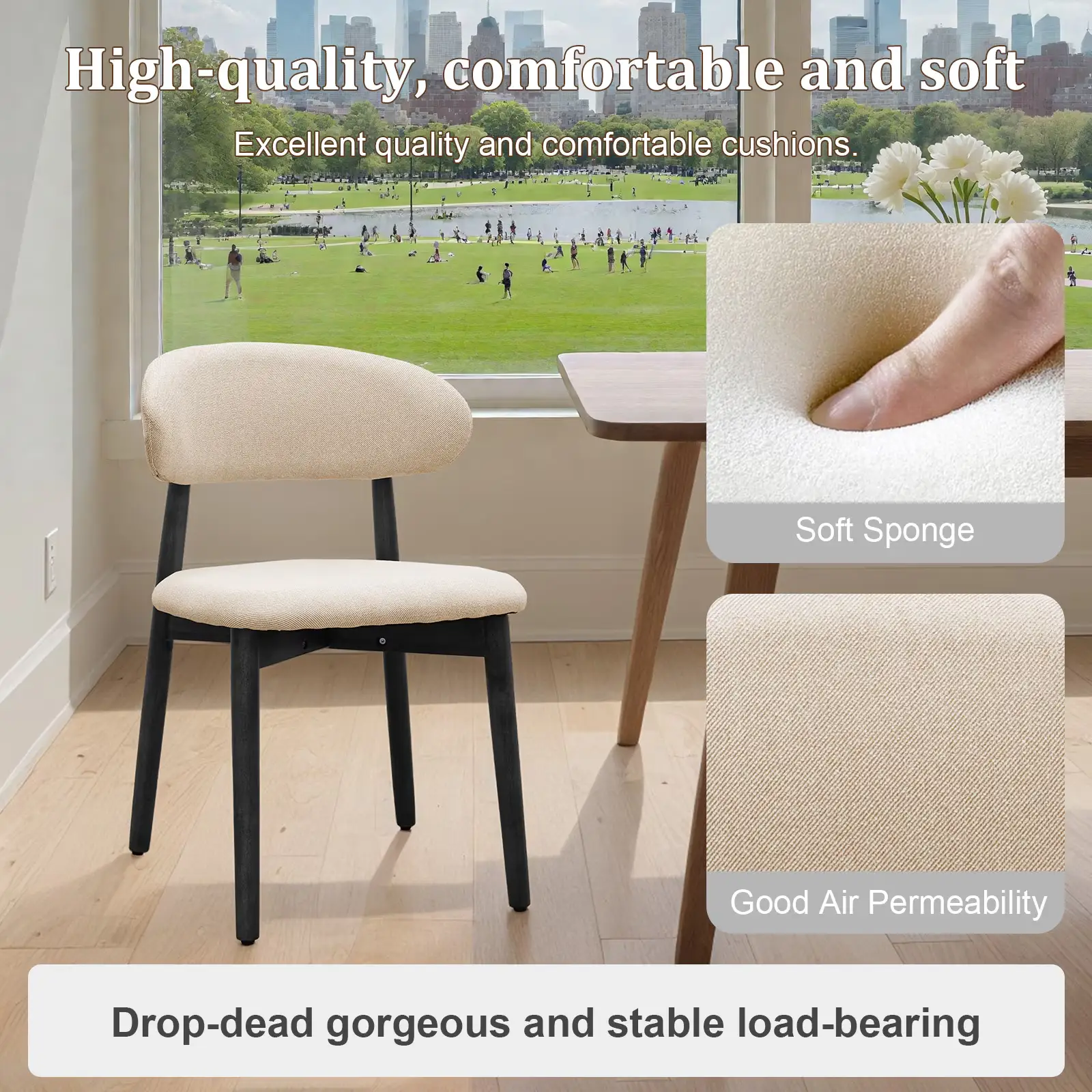 Beige Cotton-Linen Fabric Upholstered Dining Chair by HouseOfZazla