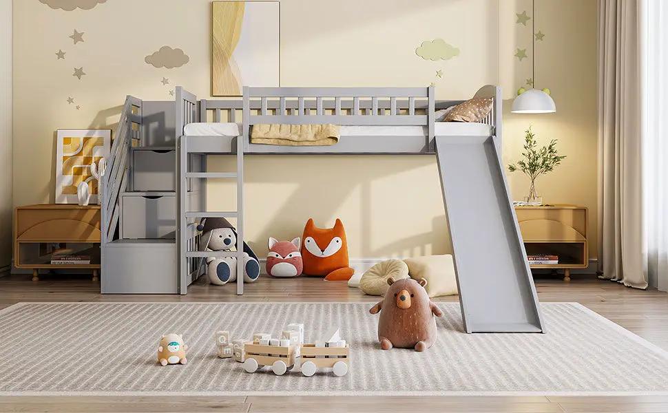 Loft Stairway Bed With 2 Drawers, Convertible Ladder And Slide by HouseOfZazla