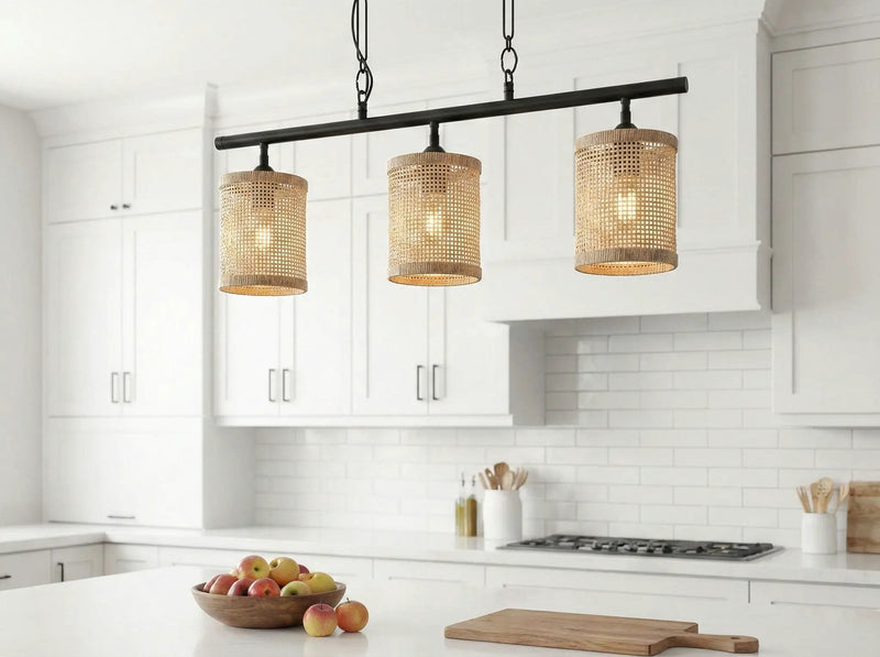 Elysian - 3 Lights Island With Natural Shade Farmhouse Chain Ceiling Lamp - Black / Rattan by HouseOfZazla