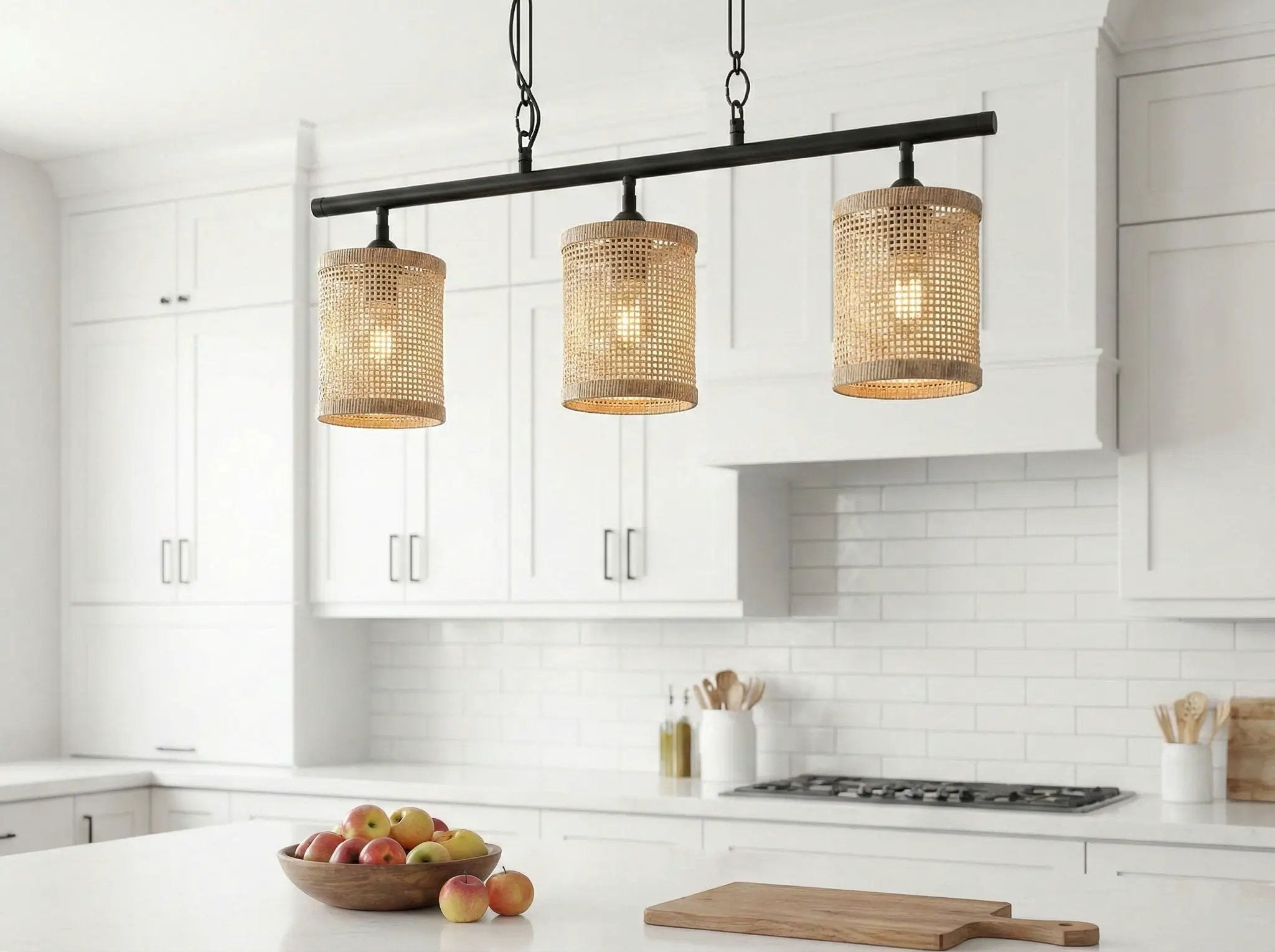 Elysian - 3 Lights Island With Natural Shade Farmhouse Chain Ceiling Lamp - Black / Rattan by Unique Piece Furniture