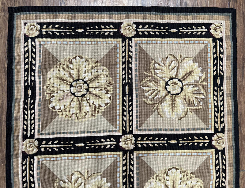 Needlepoint Runner Rug 3x8 Panel Design Rug, Flatweave Runner Rug, English Design, Floral, Short Runner Rug, Black and Beige Wool Hand-Woven by Jewel Rugs