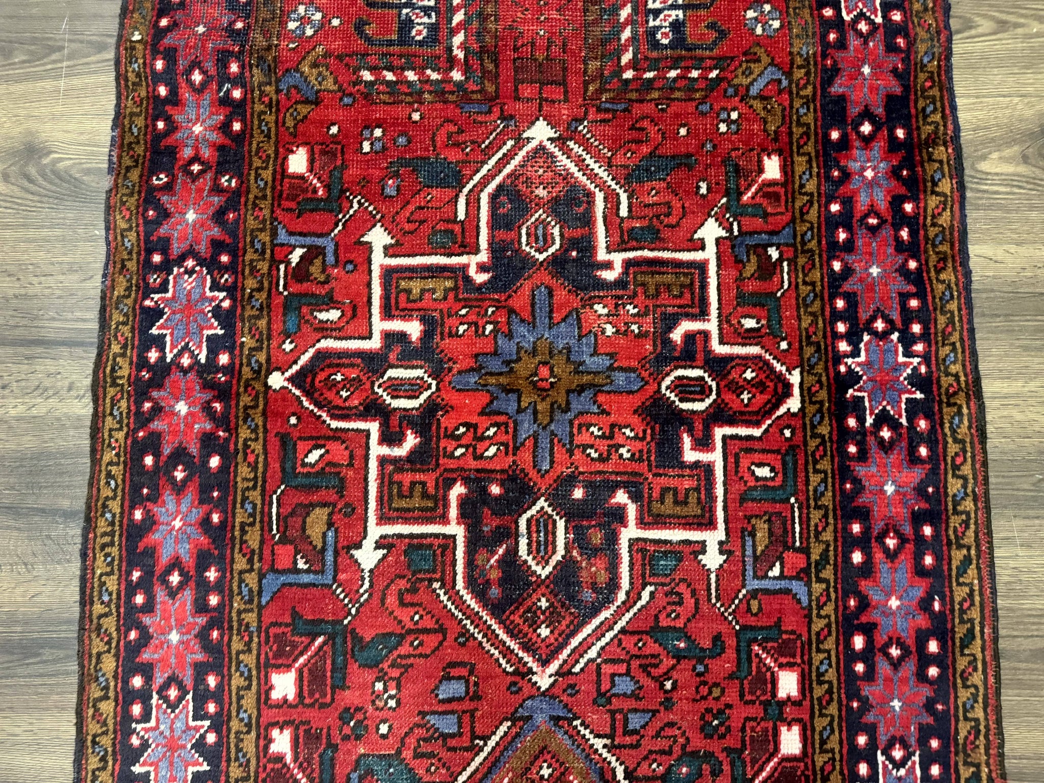 Persian Heriz Karajeh Runner Rug 3.7 x 12, Geometric Medallions, Red and Navy Blue by Jewel Rugs