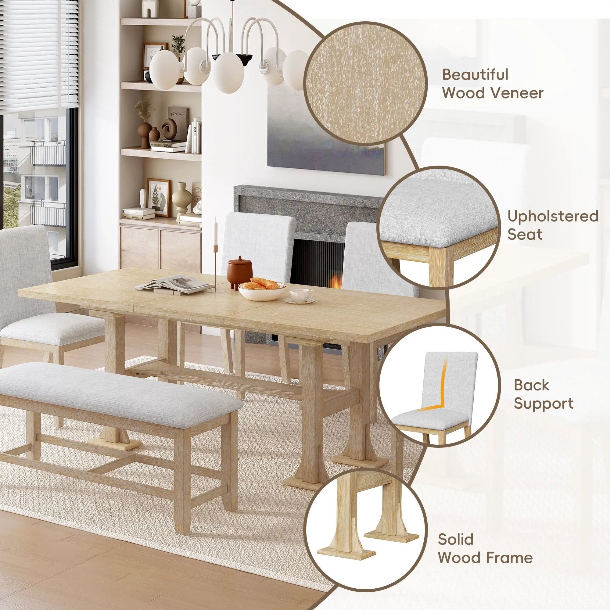 TOPMAX Farmhouse 6-Piece Extendable Dining Table Set by HouseOfZazla