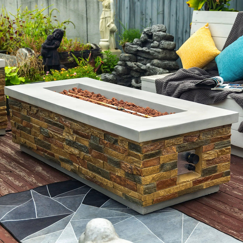 Propane Gas Fire Pit Table, 60000 Btu Rectangular For Outside Patio - Sandstone by HouseOfZazla