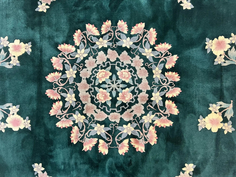 Chinese Art Deco Rug 9x12, Wool Hand Knotted Vintage Carpet, Dark Green & Cream, 90 Line Carving Rug by Jewel Rugs