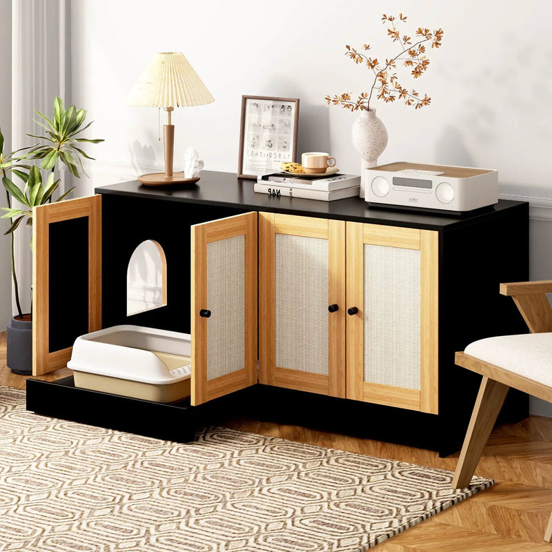 Double Litter Box Enclosure, Cat Litter Box Enclosure For 2 Cats, Hidden Litter Box Furniture With Rattan Doors - Black by HouseOfZazla