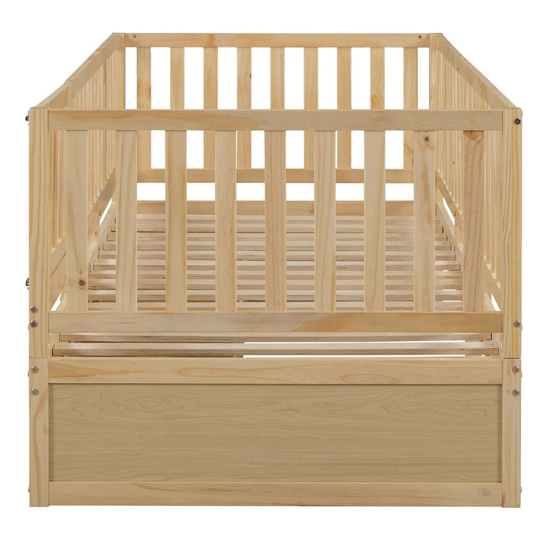Daybed With Fence Guardrails And 2 Drawers, Split Into Independent Floor Bed & Daybed by HouseOfZazla