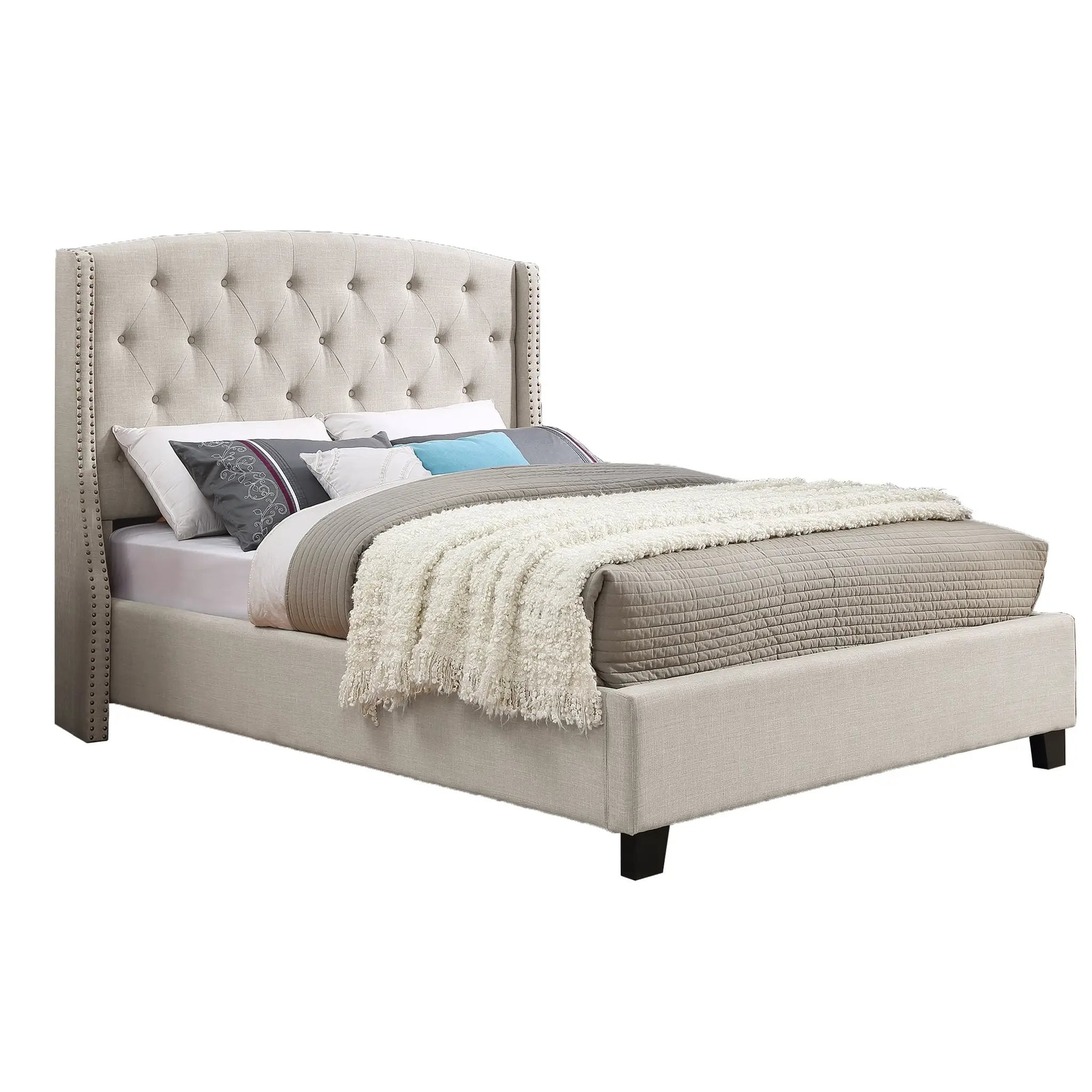 Astral 3-Piece Upholstered Bedroom Set, Tufted Wingback Bed with Two Gray Nightstands by HouseOfZazla