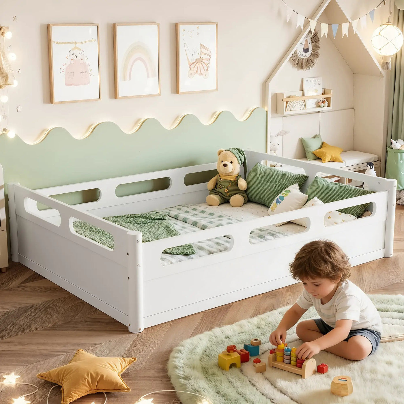 Full Size Floor Platform Bed with Full-length Guardrails by HouseOfZazla