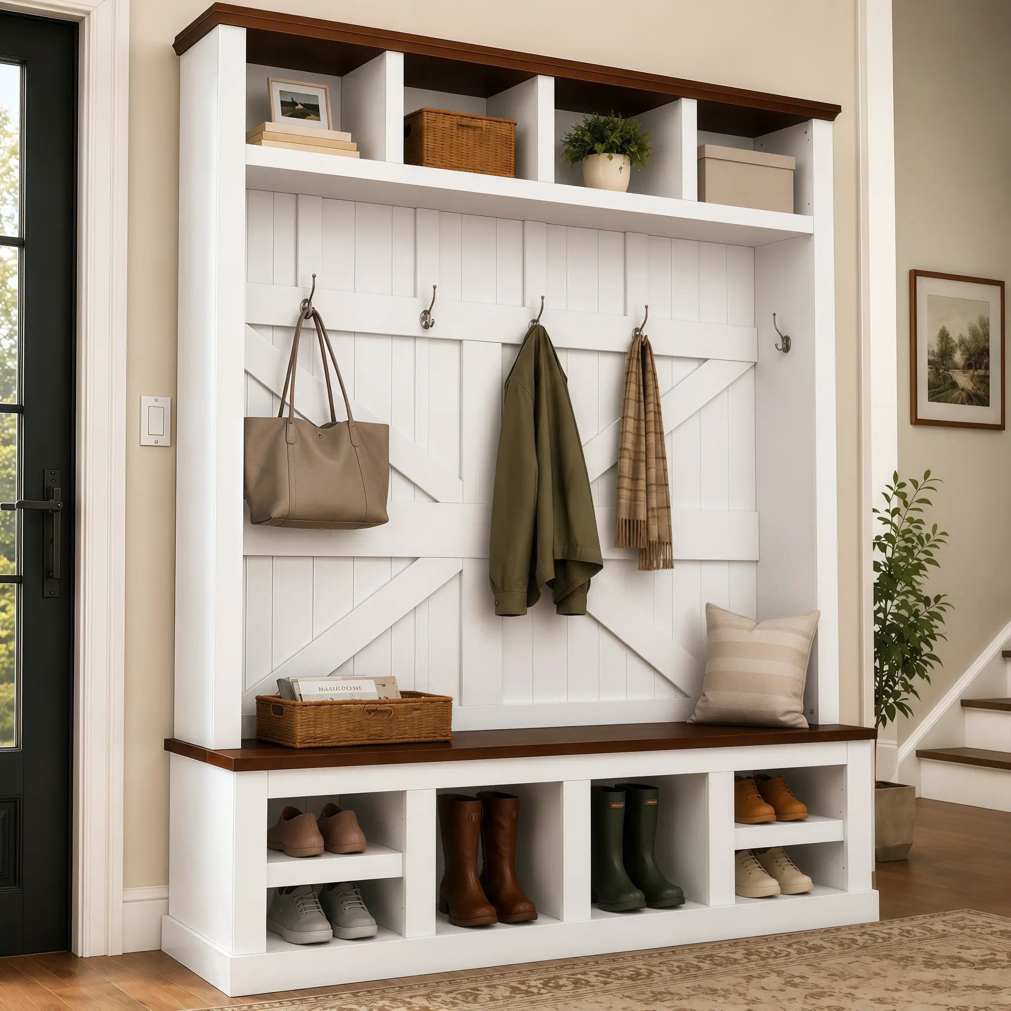 Farmhouse Hall Tree with Bench and Shoe Storage by HouseOfZazla