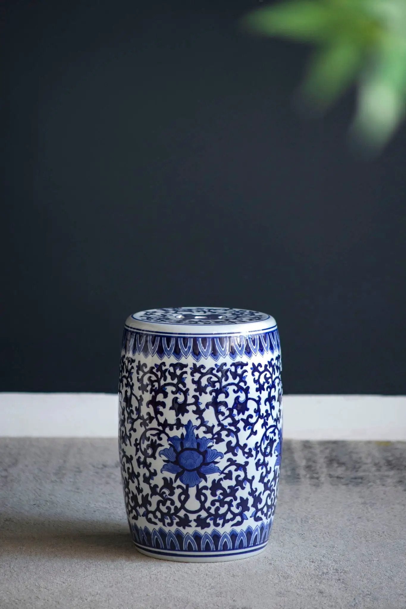 Ceramic Garden Stool, Small Side Tabel - White / Blue by Unique Piece Furniture