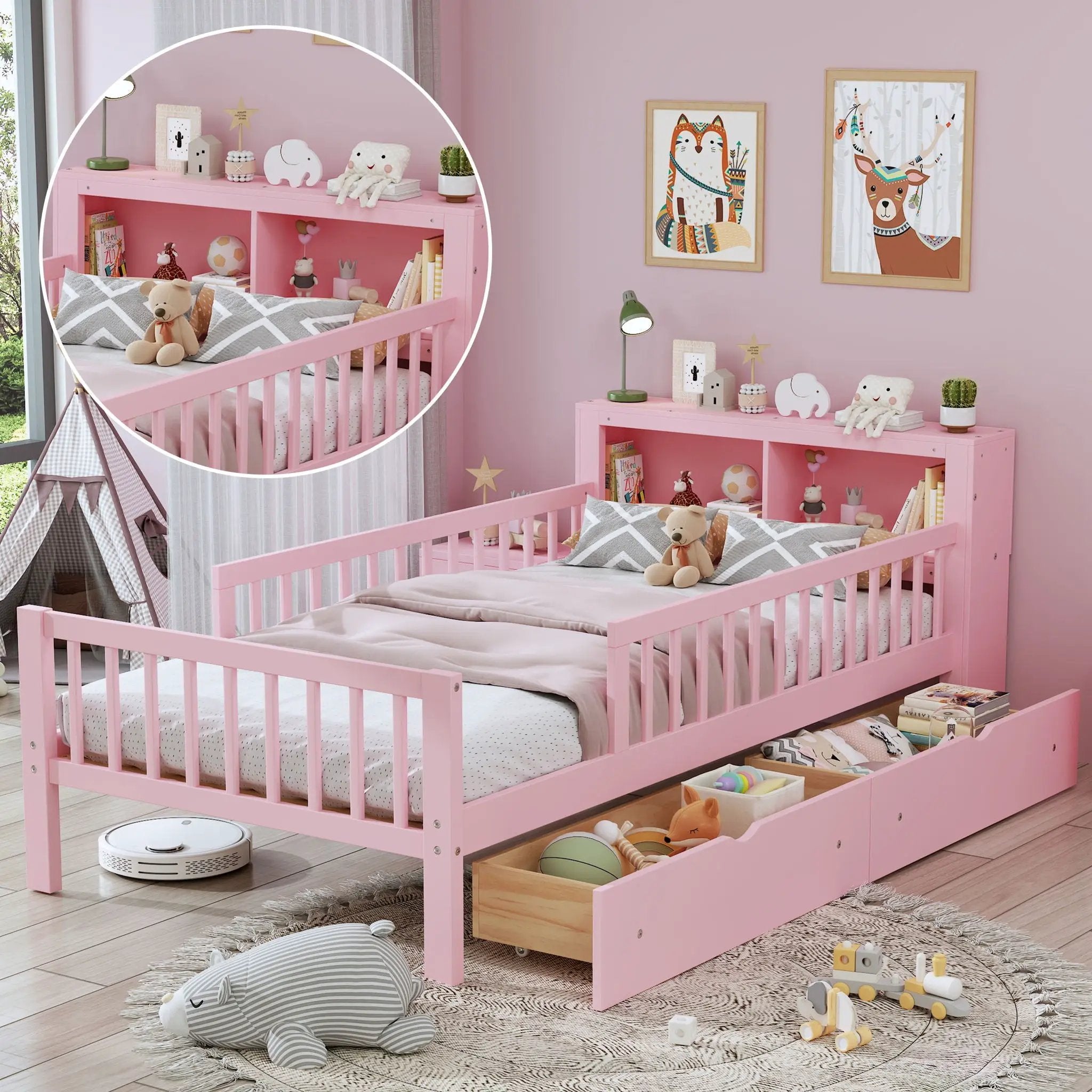 Bed With Headboard Storage Rack, 2 Under Bed Drawers, 3 Side Guardrails For Safety by Unique Piece Furniture