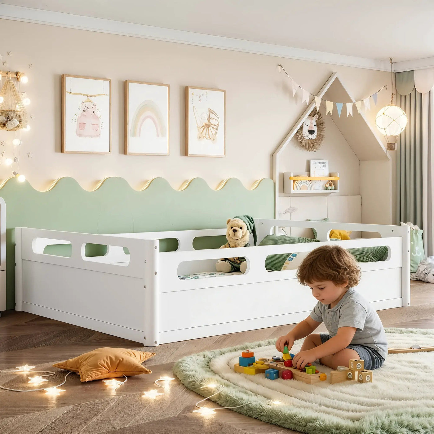 Full Size Floor Platform Bed with Full-length Guardrails by HouseOfZazla