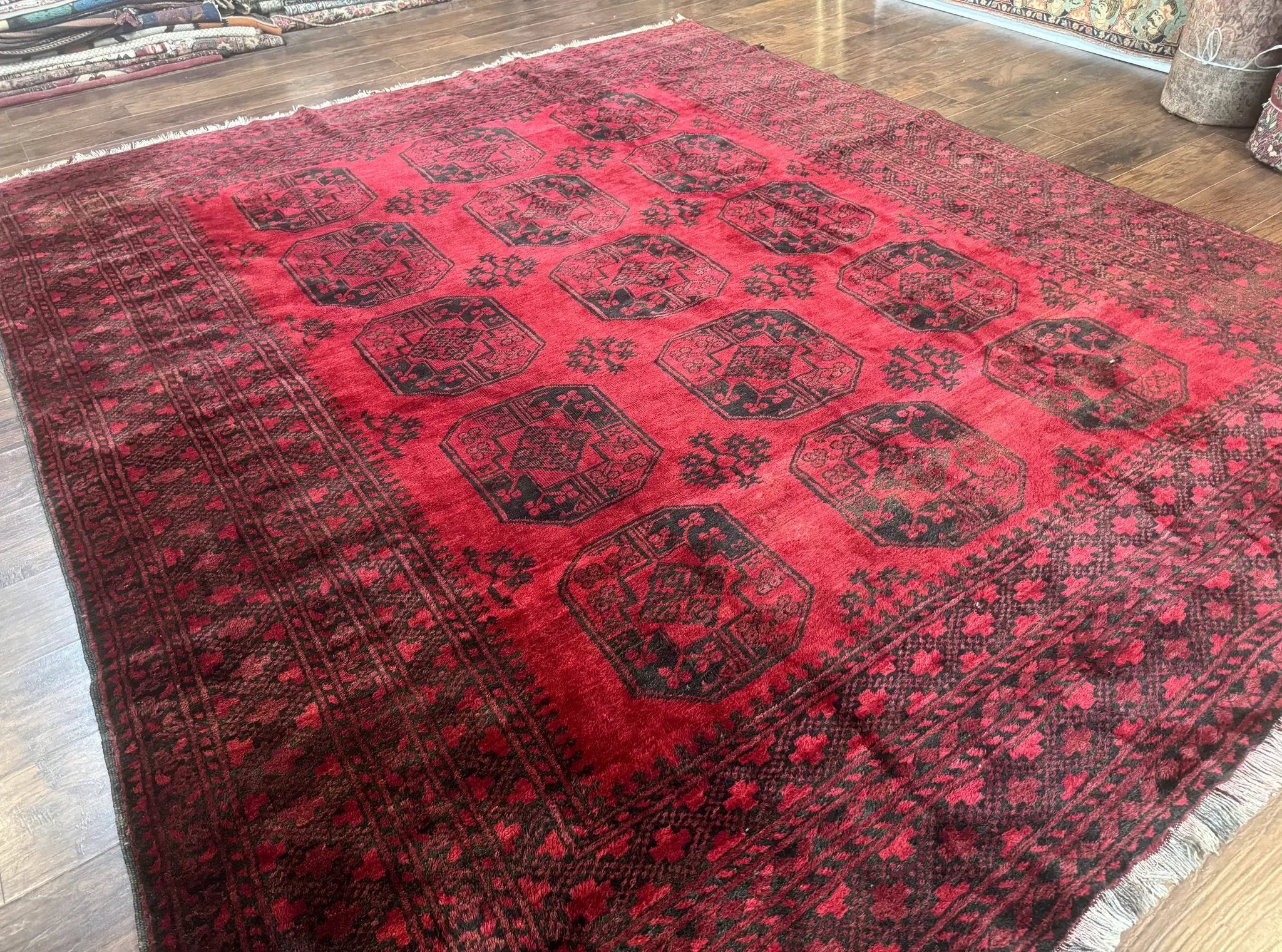 Afghan Turkoman Rug 9x10, Red Beshir Carpet, Tribal, Wool, Antique by Jewel Rugs