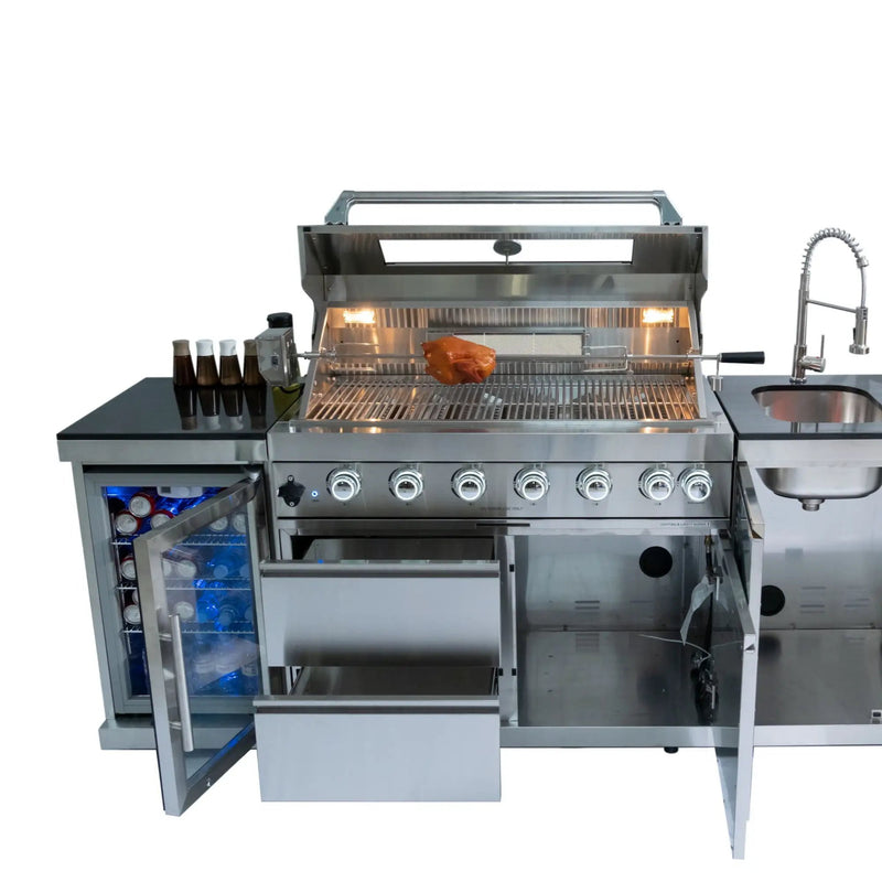 6 Burner 85, 000 Btu Deluxe Gas Outdoor Kitchen Island Grill With Wine Cooler Refrigerator, Rotisserie, Storage Cabinets & Drawers - Silver by HouseOfZazla