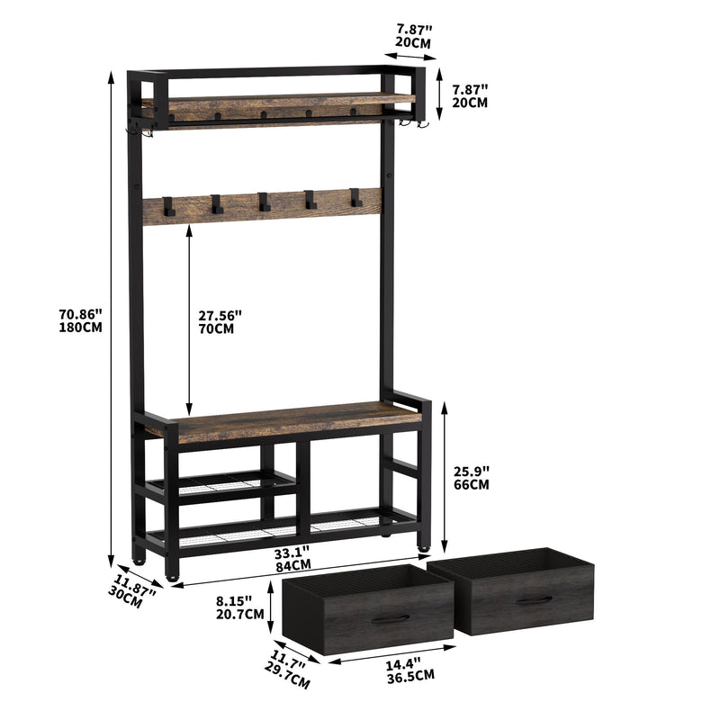 Hall Tree With 2 Movable Drawers, Shoe Storage, Shelves, Garment Racks, And 23 Hooks For Entryway - Rustic Brown by HouseOfZazla