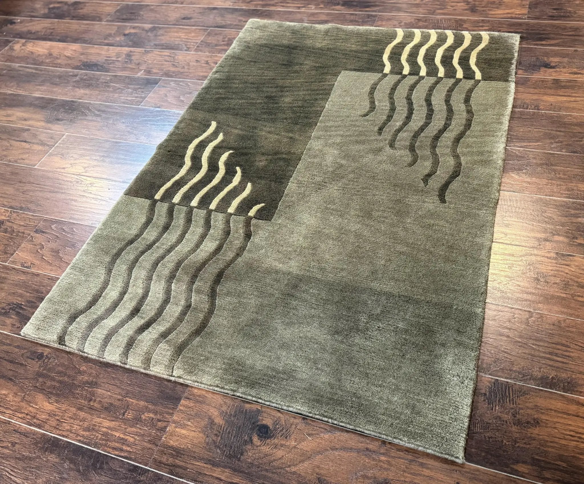 Modern Tibetan Wool Rug 3.6 x 5.6, Shades of Green, Abstract Design by Jewel Rugs