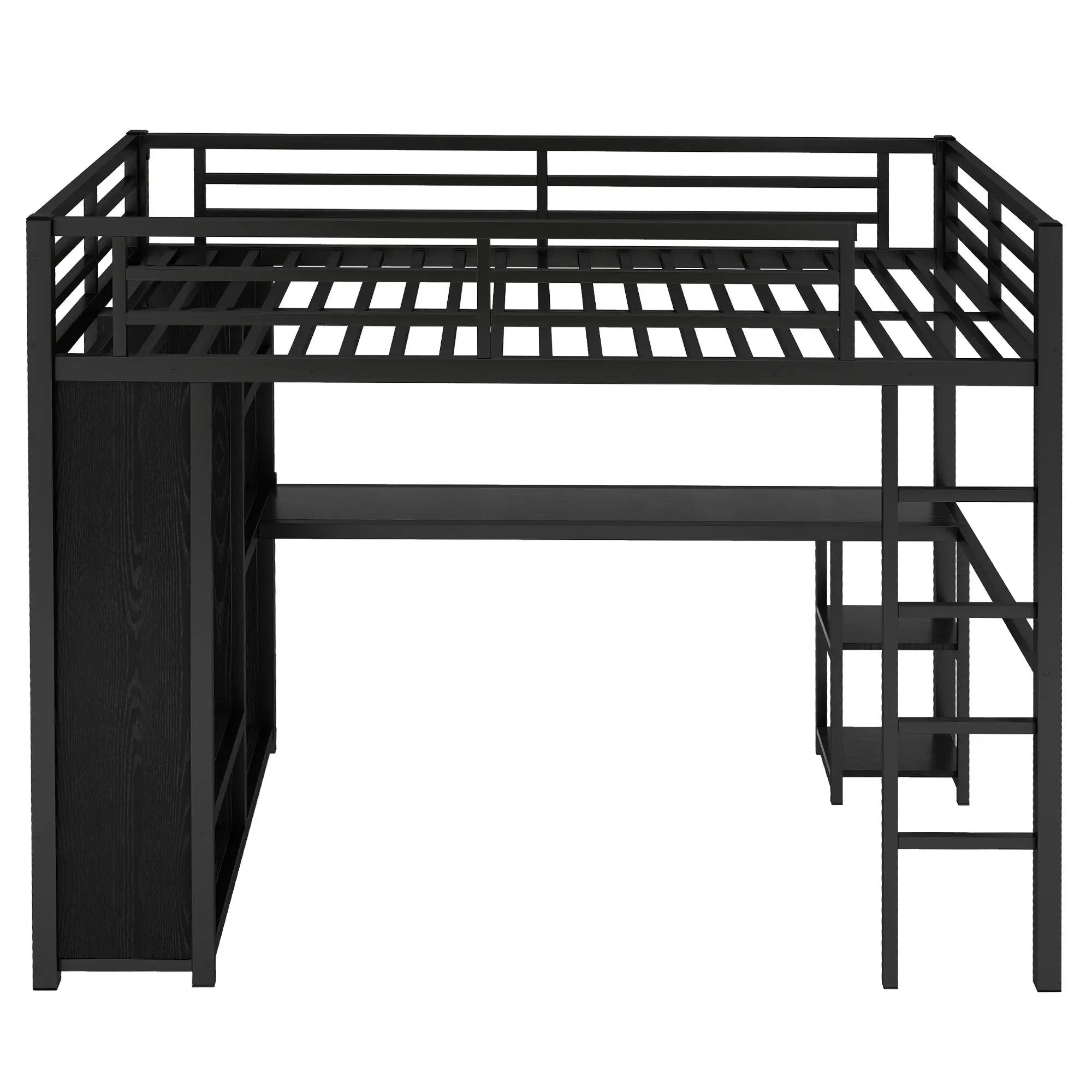 Full Size Loft Bed Frame with Built-in Wardrobe, Metal Loft Bed with Desk and Storage Shelves by HouseOfZazla