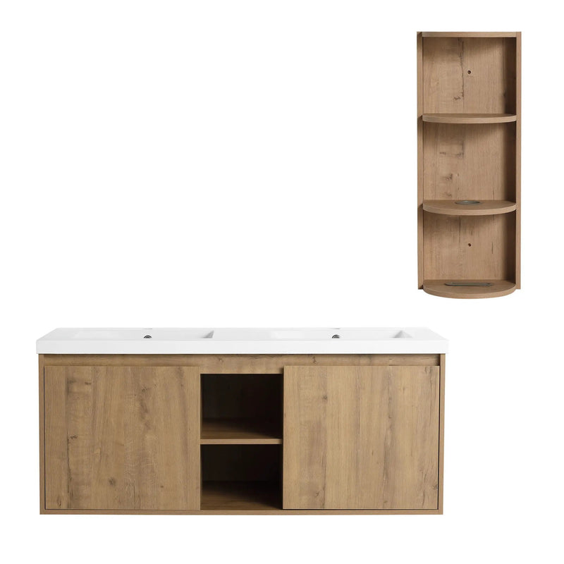 48" Wall Mounted Bathroom Vanity With Double Resin Sink And Storage Rack Soft Close Doors Plywood Construction - Imitative Oak by HouseOfZazla