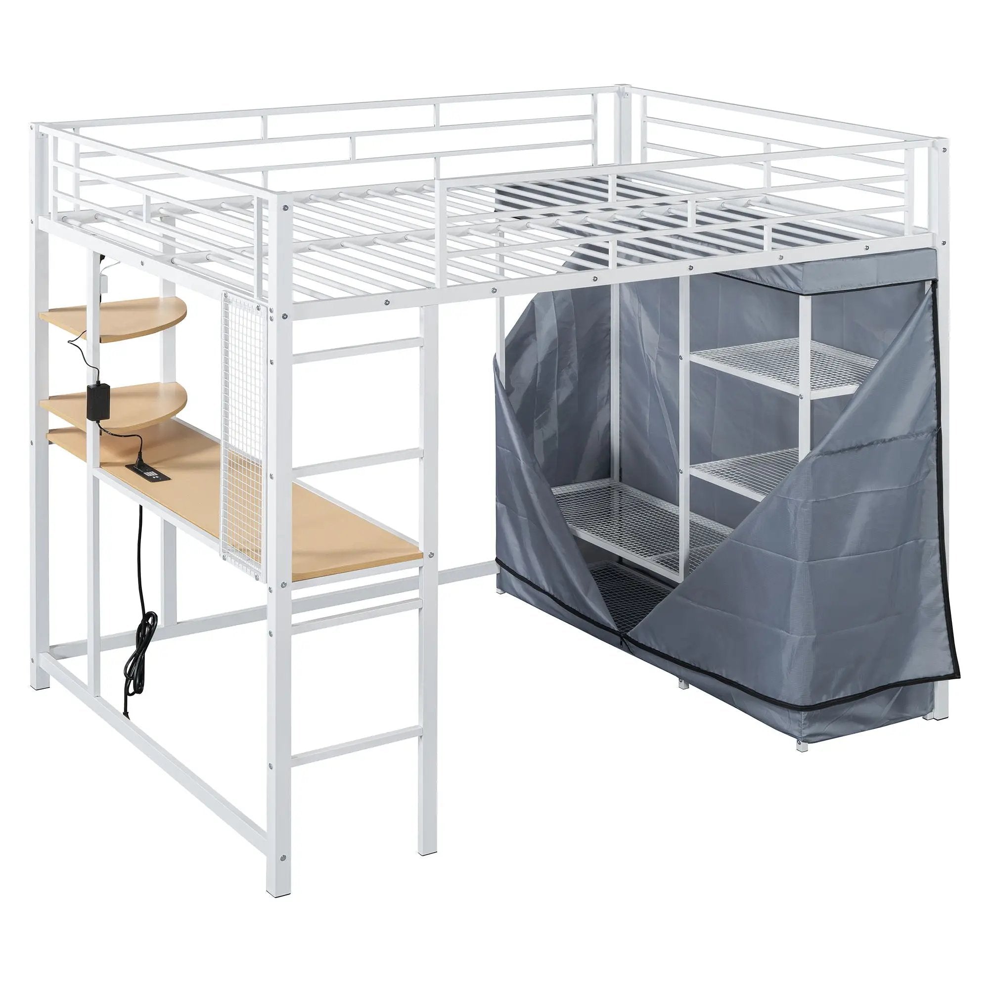 Loft Bed With Desk, Shelves, Power Outlet, LED Light And Wardrobe by HouseOfZazla