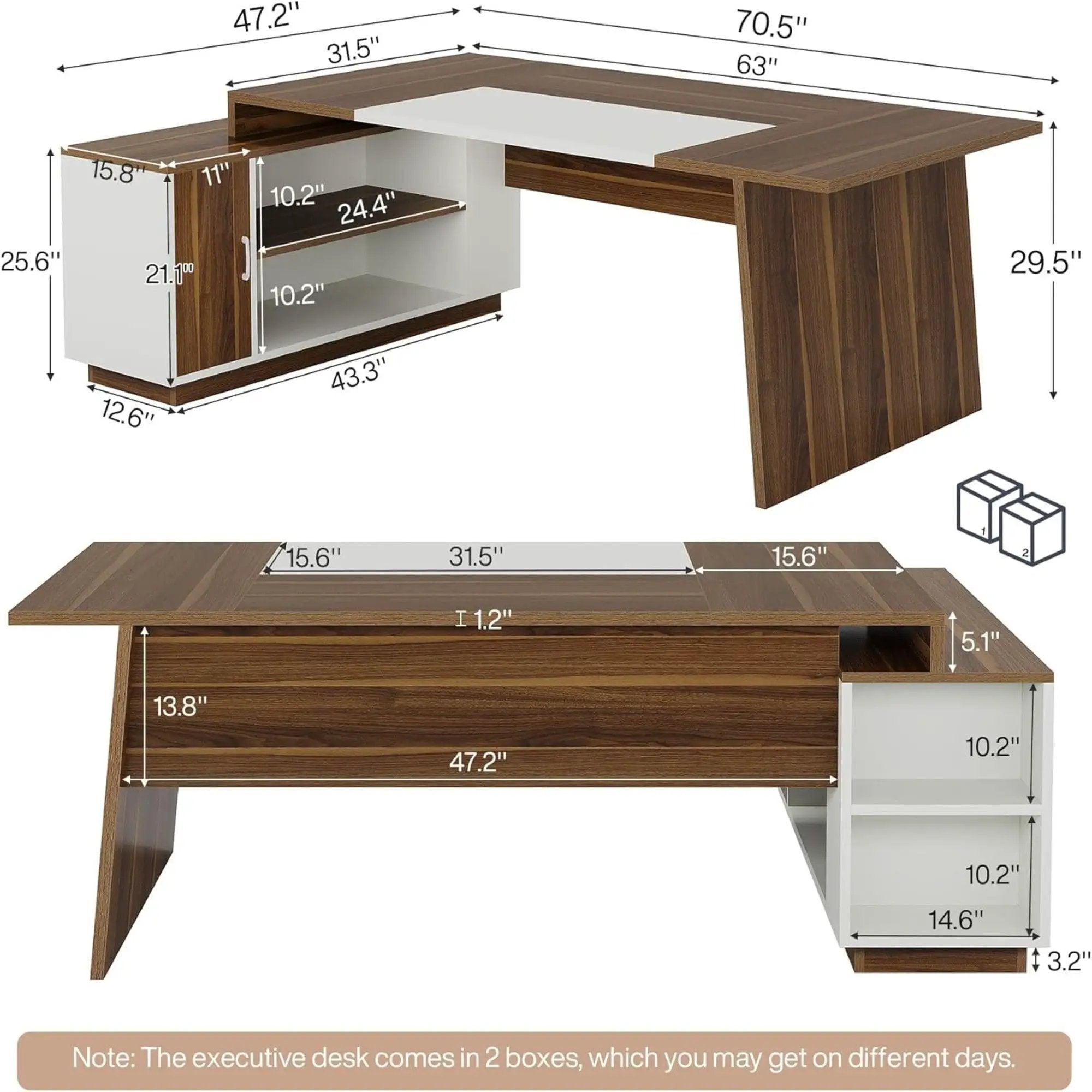 L-Shaped Executive Desk With Storage Cabinet And Shelves For Home Office - White / Walnut by HouseOfZazla
