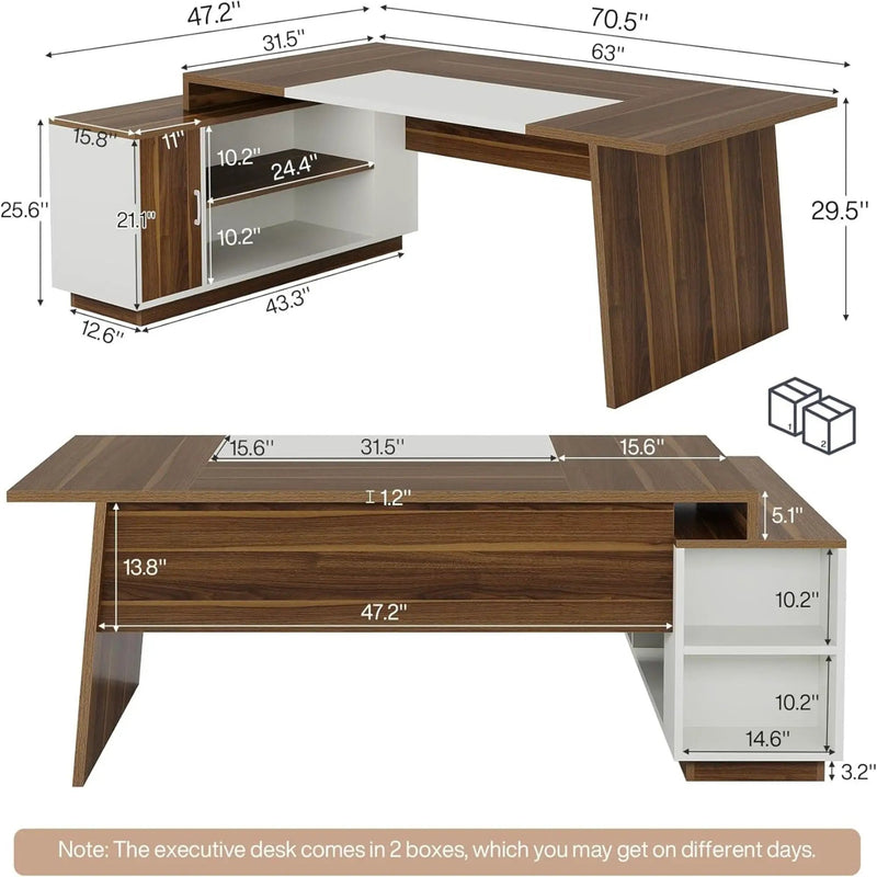 L-Shaped Executive Desk With Storage Cabinet And Shelves For Home Office - White / Walnut by HouseOfZazla