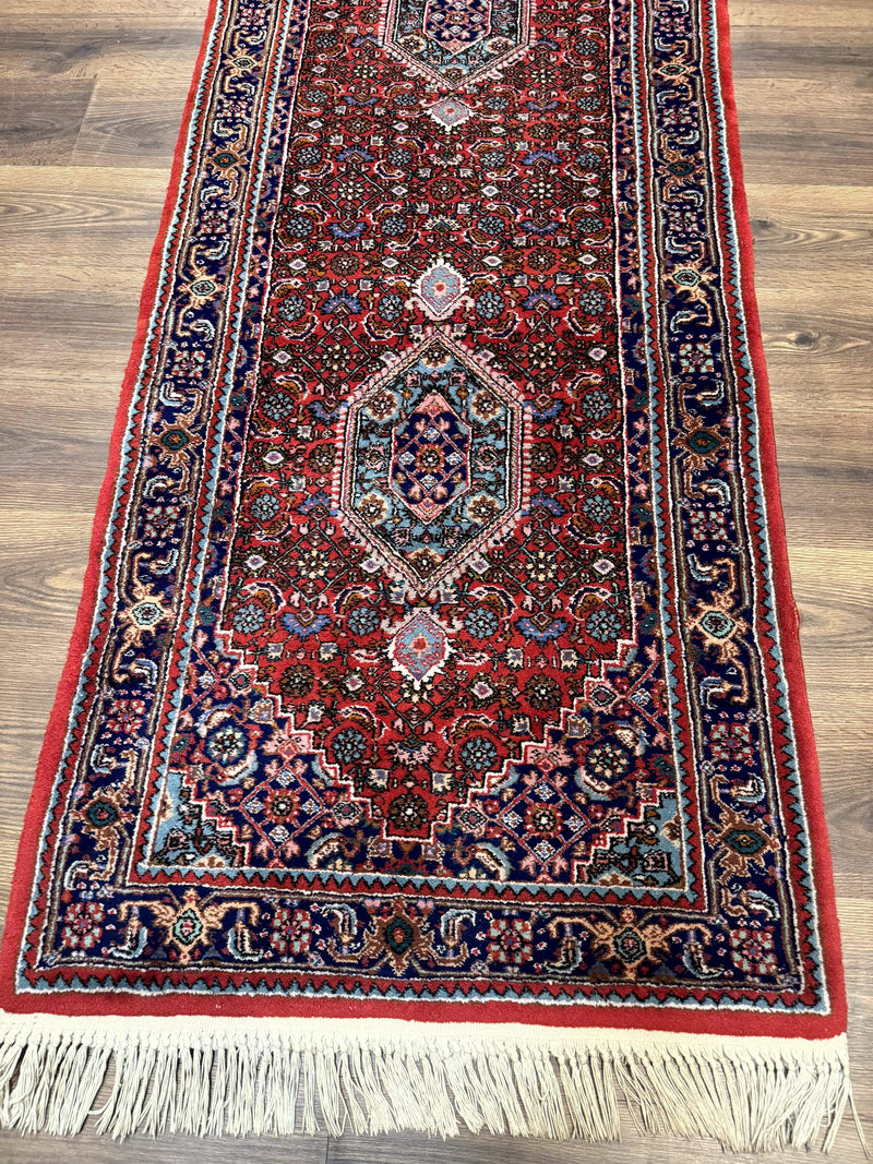 Indo Persian Bidjar Runner Rug 3 x 18.6, Red Navy Blue, Long Runner, Wool Oriental Carpet by Jewel Rugs