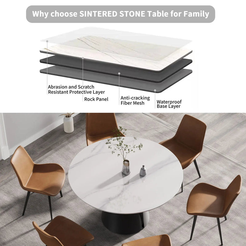53.15" Modern Artificial Stone Round Carbon Steel Base Dining Table, Can Accommodate 6 People - White / Black by HouseOfZazla