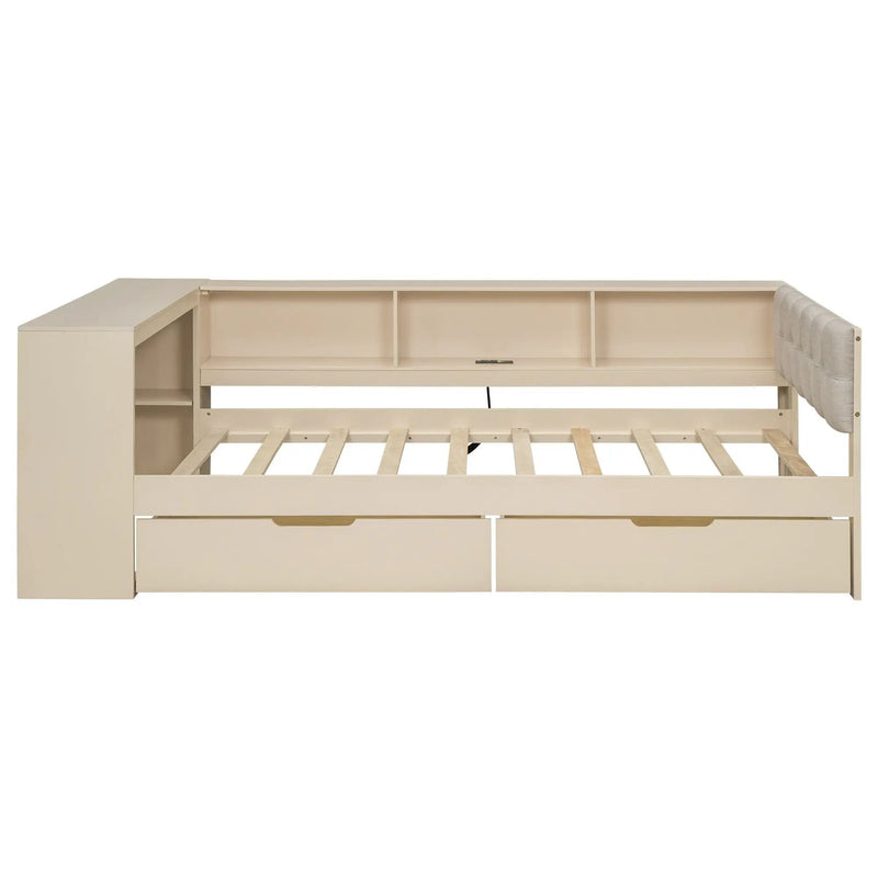 Upholstered Headboard Platform Bed With Storage Shelves, Drawers, Charging Station