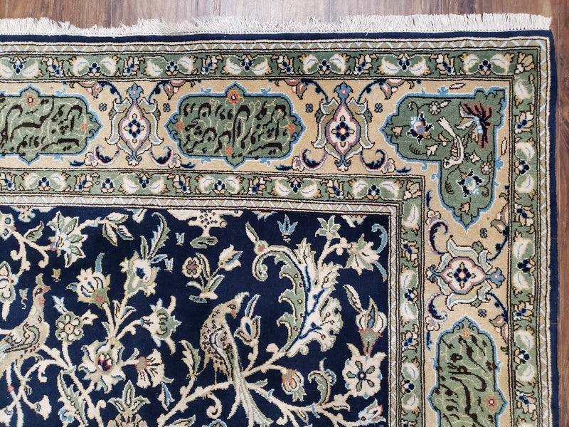 Semi Antique Persian Qum Tree of Life Rug, Hand-Knotted, Wool, Midnight Blue and Tan, Animal Pictorials, Written Poem in Borders, 4' 8" x 7' 8" by Jewel Rugs
