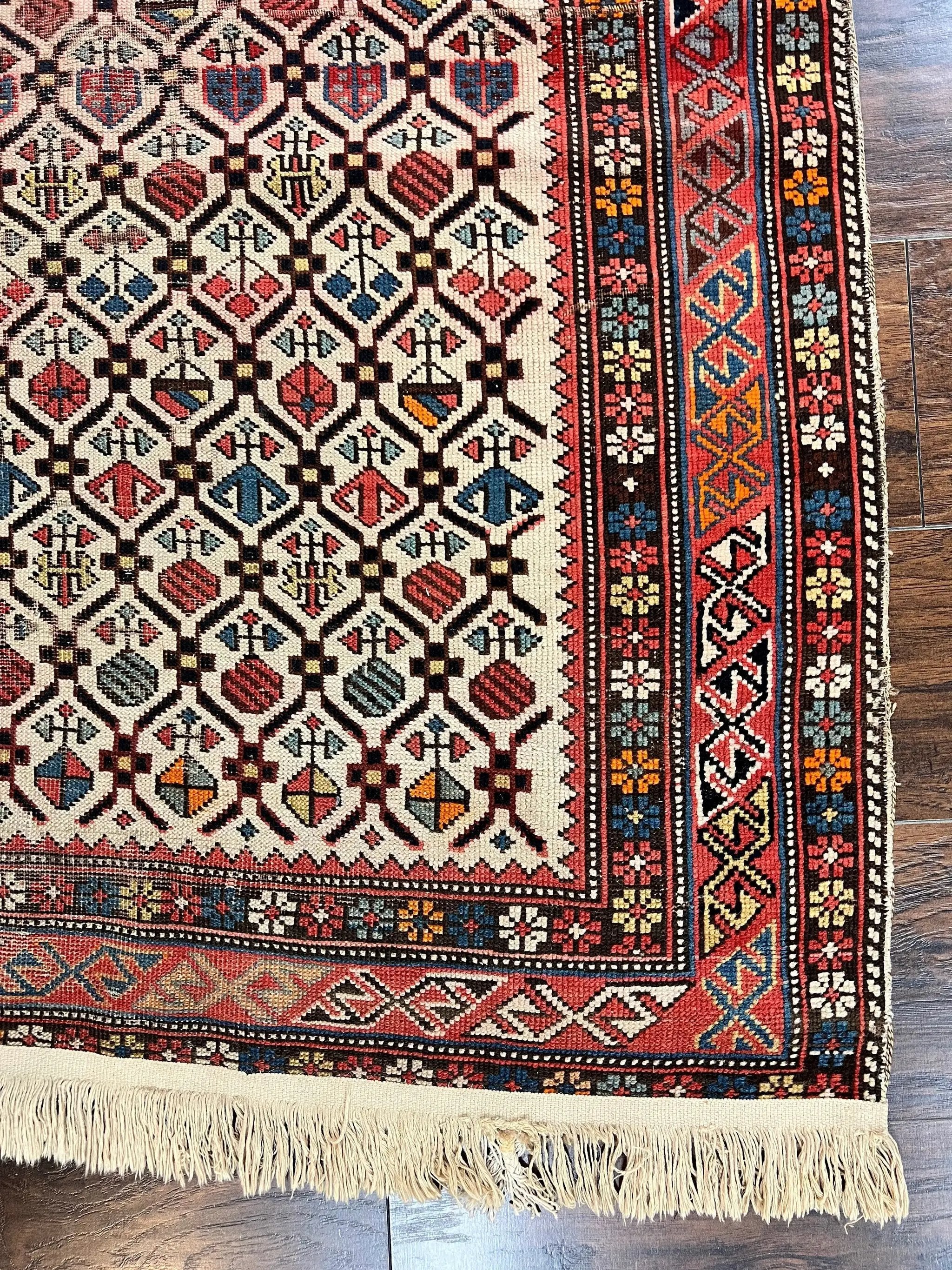 Antique Caucasian Rug 4x5, Hand Knotted Handmade Shirvan Oriental Carpet, Ivory Red Rug Allover Pattern, Rare Wool Rug, Tribal Geometric Rug by Jewel Rugs